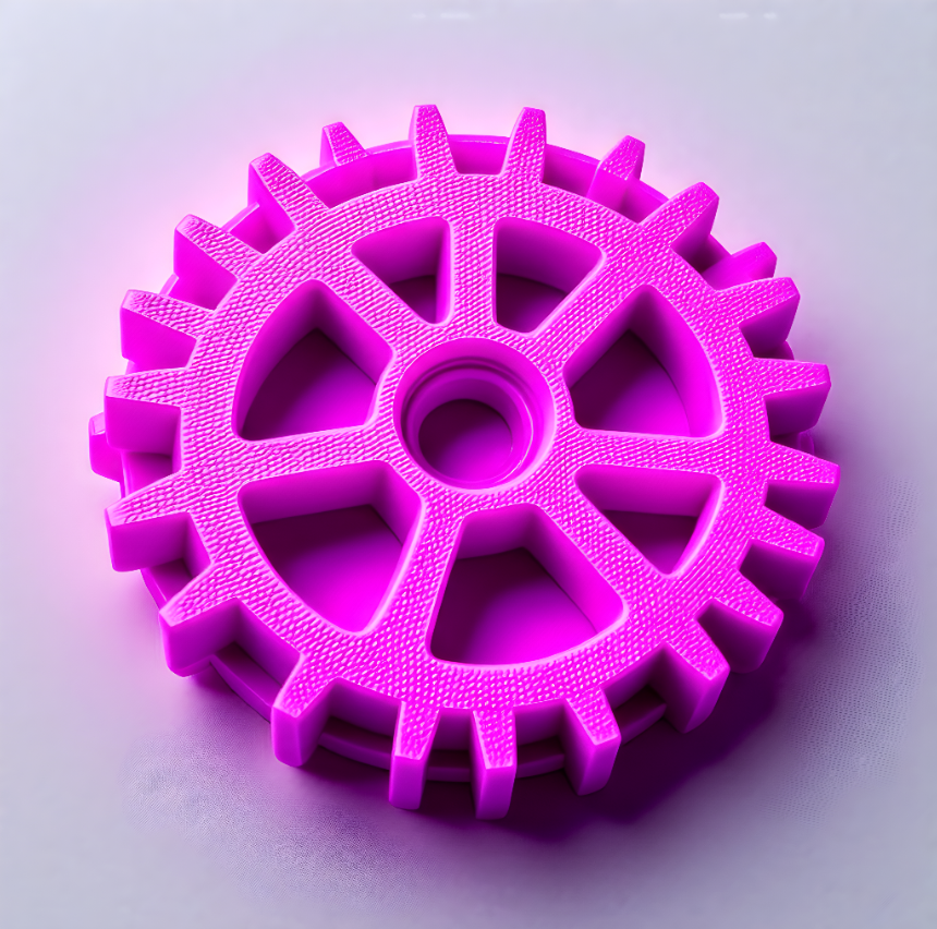 A 3D printed nylon gear with a complex, interlocking design and a subtle texture to convey its durability