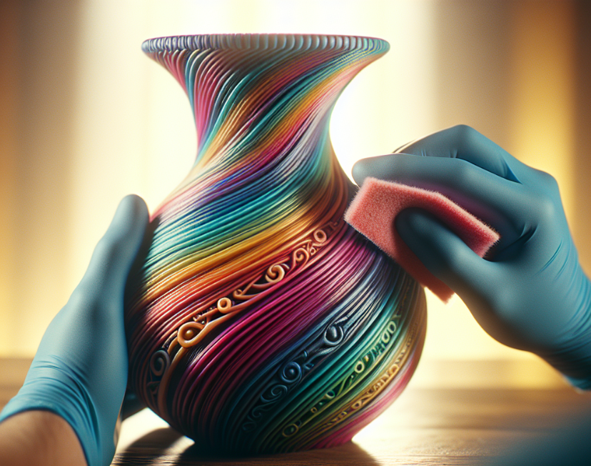 A 3D printed PETG vase with a colorful, swirling design and a smooth, glossy finish